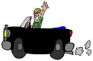 samochd, auto, kierowca blondyn w zielonej koszuli, spaliny samochodowe